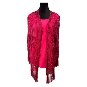 Wow 100% Silk Open Lace Crochet Floral Pink Cardigan One Size